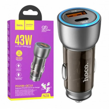 Автомобильное зарядное устройство 43W, PD25W+QC3,0, Hoco NZ8 / АЗУ-адаптер с подсветкой (20926)