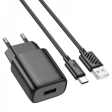 Мережевий зарядний пристрій з кабелем HOCO C134A Solid single-port charger set (Type-C) (EU) Black (6942007621359) (536)