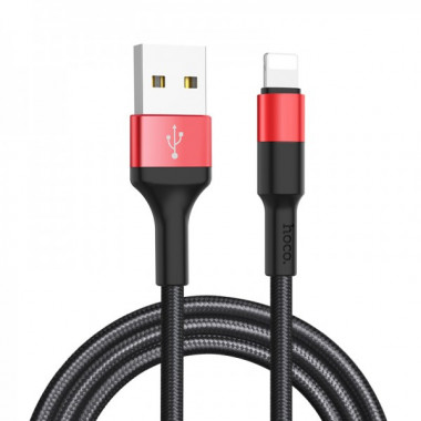 Кабель HOCO X26 USB to iP 2A, 18W 1m, nylon,  aluminum connectors, Black+Red (6957531080190) (15046)