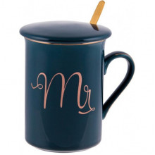 Кружка порцелянова Coffee Prelude "Mr" 380мл з кришкою та ложкою, синя (3946)