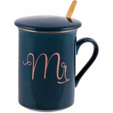 Кружка порцелянова Coffee Prelude "Mr" 380мл з кришкою та ложкою, синя (3946)