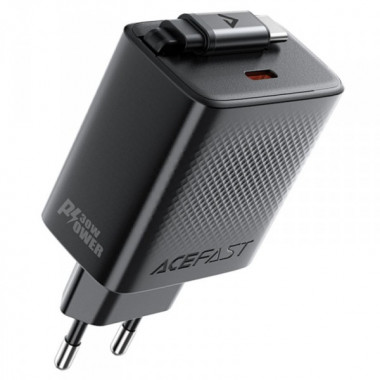 Мережевий зарядний пристрій з кабелем ACEFAST A110 PD30W GaN charger (USB-C+USB-C) with retractable cable (EU) Black (6974316283942) (376)