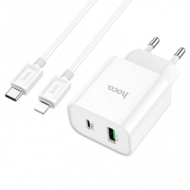 Мережевий зарядний пристрій з кабелем HOCO C80A Plus Rapido PD20W+QC3.0 charger set(C to iP) White (6931474779892) (14786)