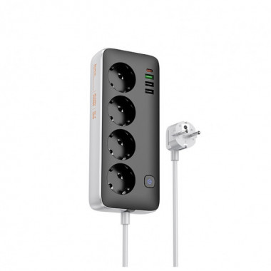 Мережевий подовжувач HOCO AC22 Sunlight 4-bit(PD30W/1C3A) desktop socket(EU/GER) (1.5m) Black (6942007629782) (20196)