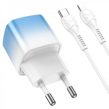 Мережевий зарядний пристрій з кабелем HOCO C101A single port PD20W charger set(C to iP) Ice Blue (6931474769381) (14696)