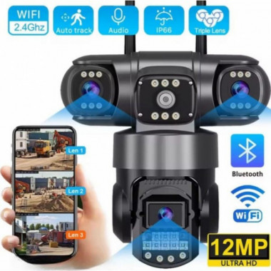 Уличная поворотная SC-28-4G камера видеонаблюдения на сим-карте V380PRO на три линзы 12MP (9437)