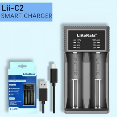 Зарядное устройство LiitoKala Lii-C2 для Li-Ion, Ni-Mh/Ni-Cd АКБ. Универсальное, USB-C, LED, 2 канала, Ток 2А (9287)