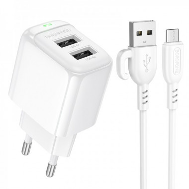 Мережевий зарядний пристрій з кабелем BOROFONE BAS41A Potential dual-port charger set(Micro) White (6941991113765) (497)