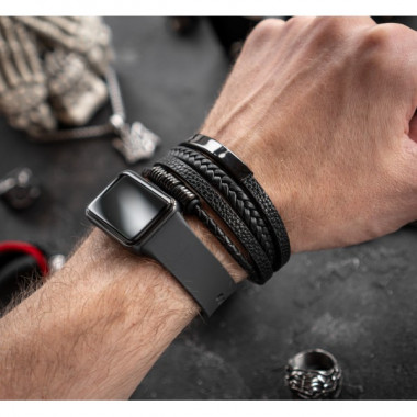 Браслет мужской кожаный METAL COLOR: T3 черный 17-19 см (длина 21 см) (2396415396)