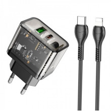 Мережевий зарядний пристрій з кабелем HOCO N34 Dazzling dual-port PD20W+QC3.0 charger set(C to iP) Transparent Black (6931474799173) (14718)
