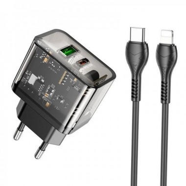 Мережевий зарядний пристрій з кабелем HOCO N34 Dazzling dual-port PD20W+QC3.0 charger set(C to iP) Transparent Black (6931474799173) (14718)