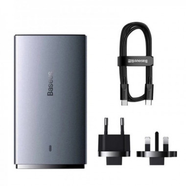 Мережевий зарядний пристрій з  кабелем Baseus GaN5 Pro Ultra-Slim Fast Charger C+U 65W Gray((With Mini White Cable C to C 100W(20V/5A) 1m Black) (CCGP150113) (14638)