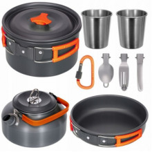 Набор туристической металлической посуды для походов Camping cooking DM 308 с карабином Черный с оранжевым (17958)