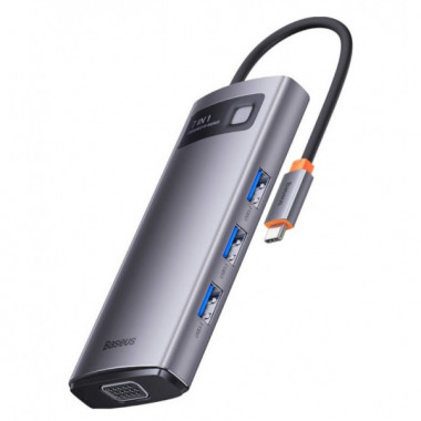 USB-хаб Baseus Metal Gleam Series 7-in-1 Multifunctional Type-C HUB Docking Station Gray （Type-C to HDMI*1+USB3.0*3+PD*1+VGA*1+RJ45*1） (WKWG040013) (15039)
