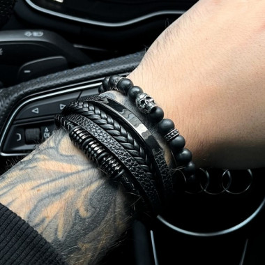Браслет мужской кожаный METAL COLOR: BORN черный 17-19 см (длина 21 см) (2598120515)