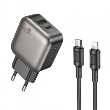 Мережевий зарядний пристрій з кабелем BOROFONE BAS55A Absolute PD30W+QC3.0 charger set (C to iP) (EU) Black (6941991116247) (379)