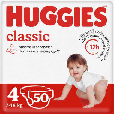 Подгузники Huggies Classic 4 (7-18 кг) Jumbo 50 шт (5029053543147) (5489)